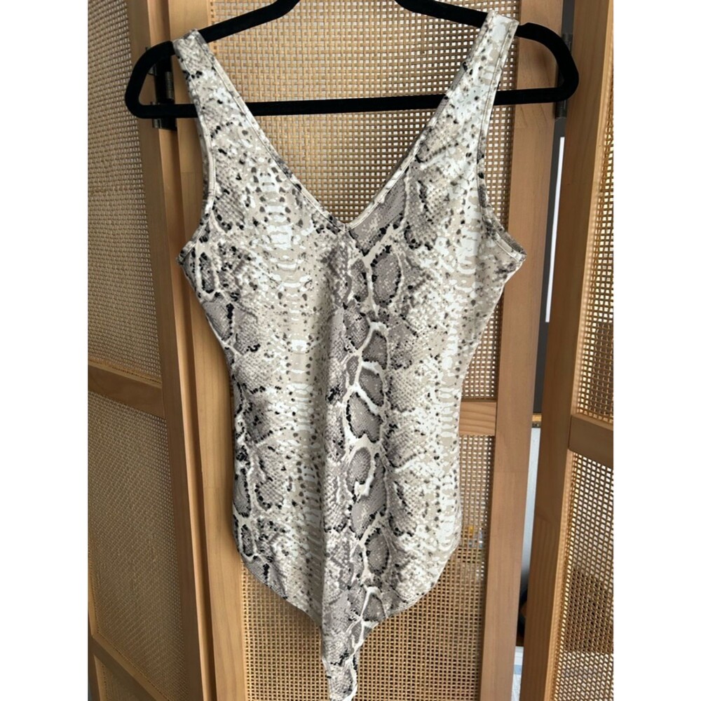 Windsor Beige and Black Snake-Print V-Neck Bodysuit